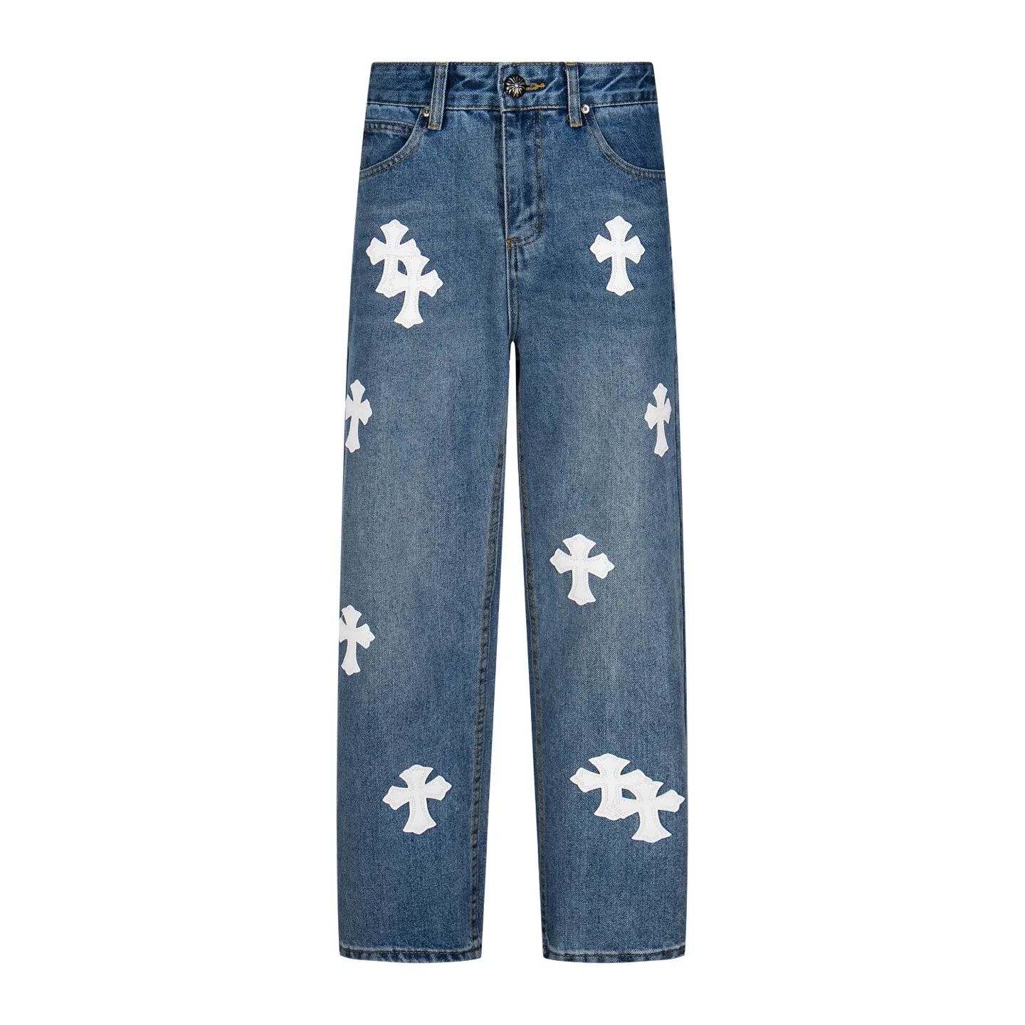 P210 Chrome Hearts jeans, blue and white leather. It is well known that chromehearts jeans use vintage Levis jeans as the base for creation. They usually add their own unique silver buckles and silver ornaments, plus leather embellishments. This is the reason why the value of these vintage jeans doubles, because the base is vintage jeans, and the jeans themselves have become very soft and comfortable after years of baptism. This can be distinguished from ordinary jeans. Regarding the size, you should also refer to the pants data. Style number: 1780# Size: 28 30 32 34 36